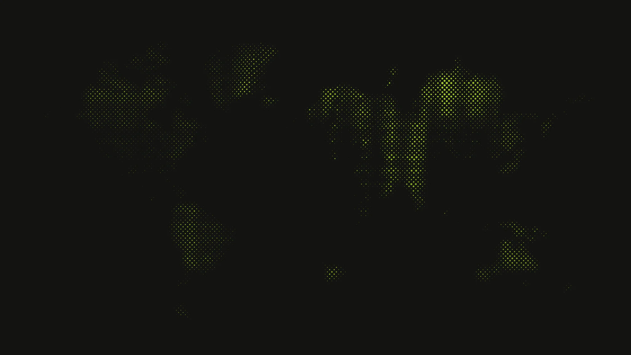 A halftone world map in lime dots on a near-black background