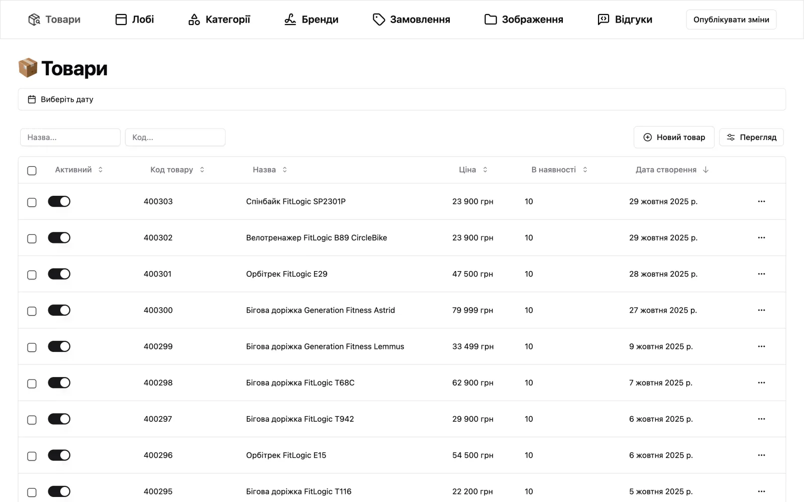 The product list in the SportMagaz admin: active toggles, product codes, prices, stock and creation dates